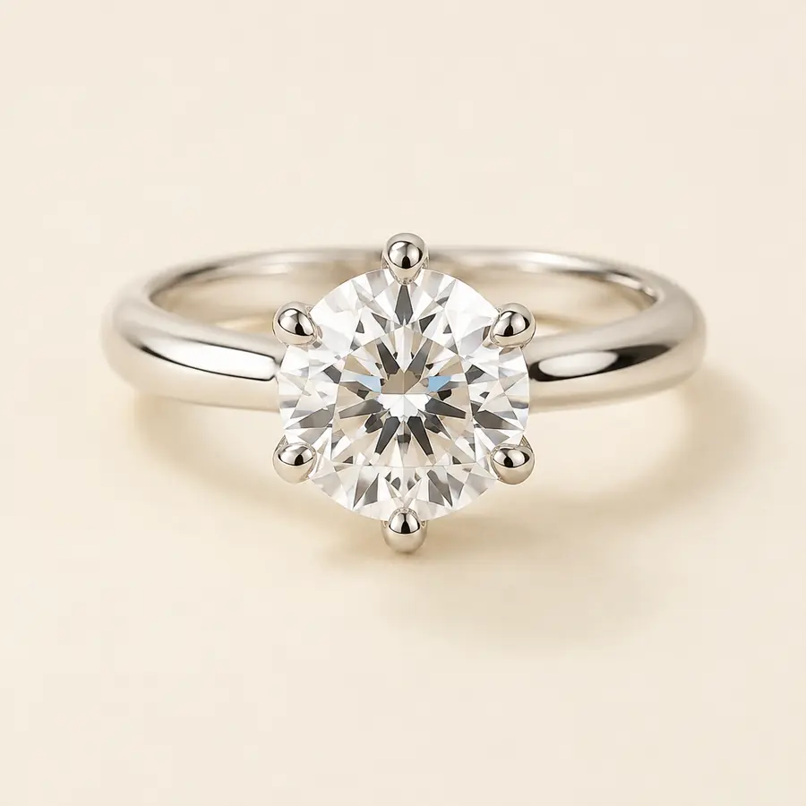 Round brilliant diamond solitaire engagement ring with six platinum prongs