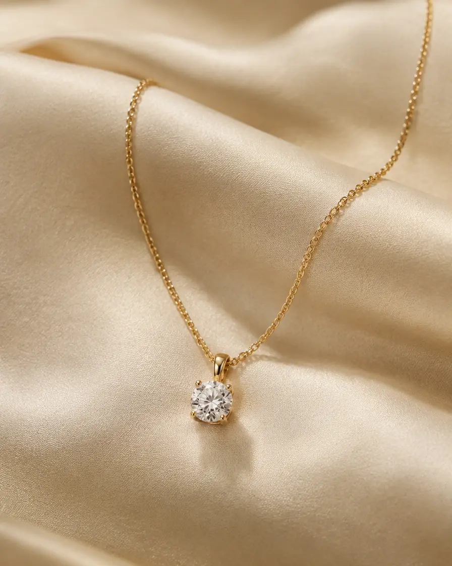 A diamond solitaire pendant on a fine yellow gold chain laid on cream silk
