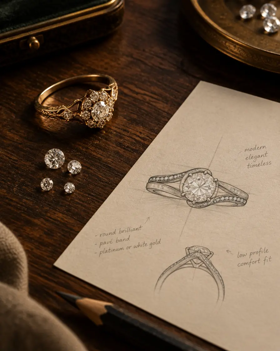 A vintage gold ring beside loose diamonds and a pencil sketch of a new ring