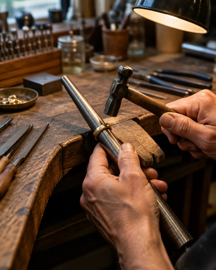 A goldsmith's hands resizing a gold ring on a mandrel at a wooden bench